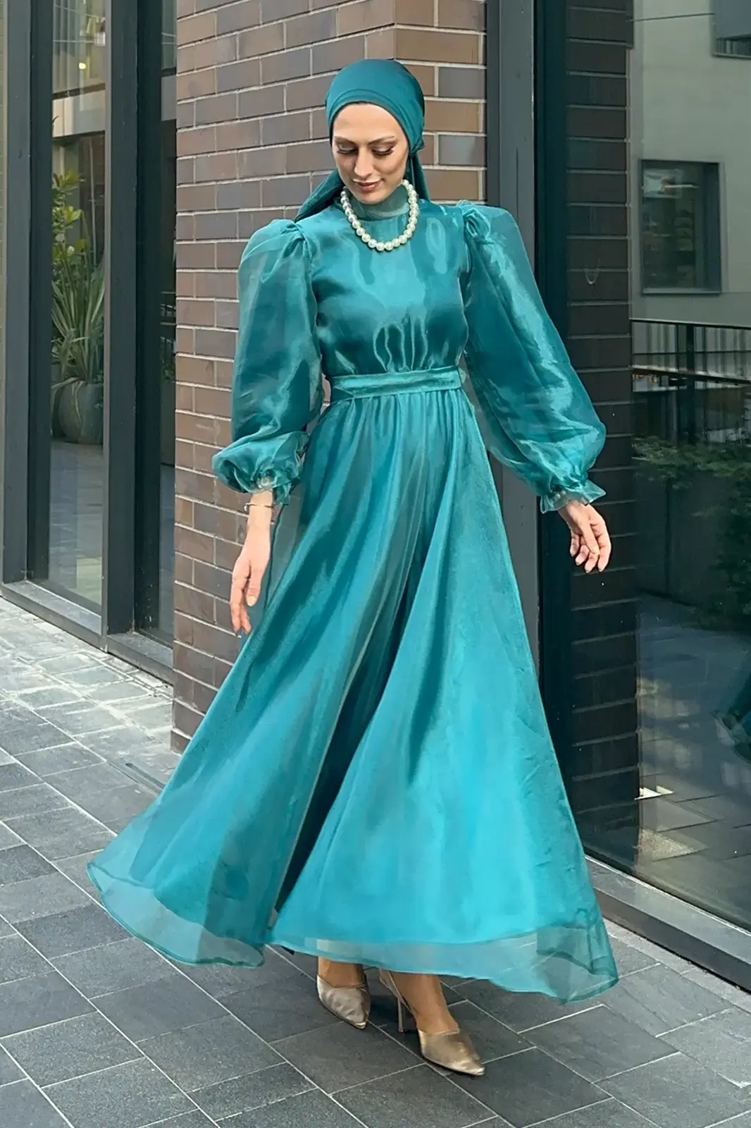 Altair - Organze Detaylı Abiye Elbise - Yeşil