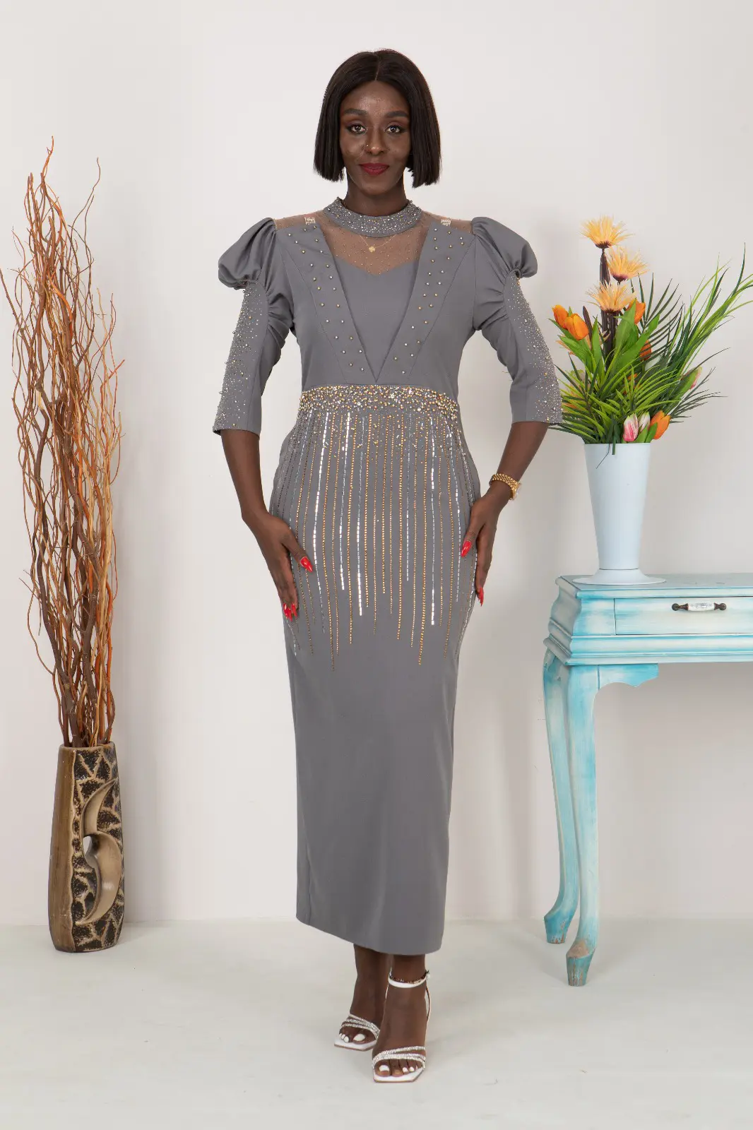 Pollux - İnci ve Gold Taş Detaylı Elbise