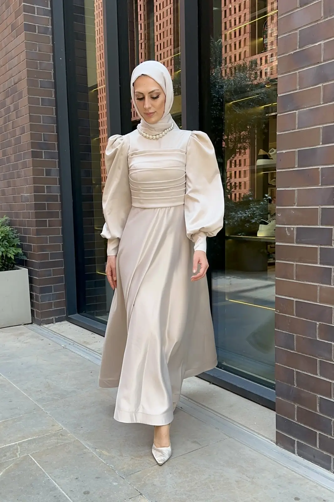 Sirius - Saten Drape Detaylı Abiye Elbise - Bej