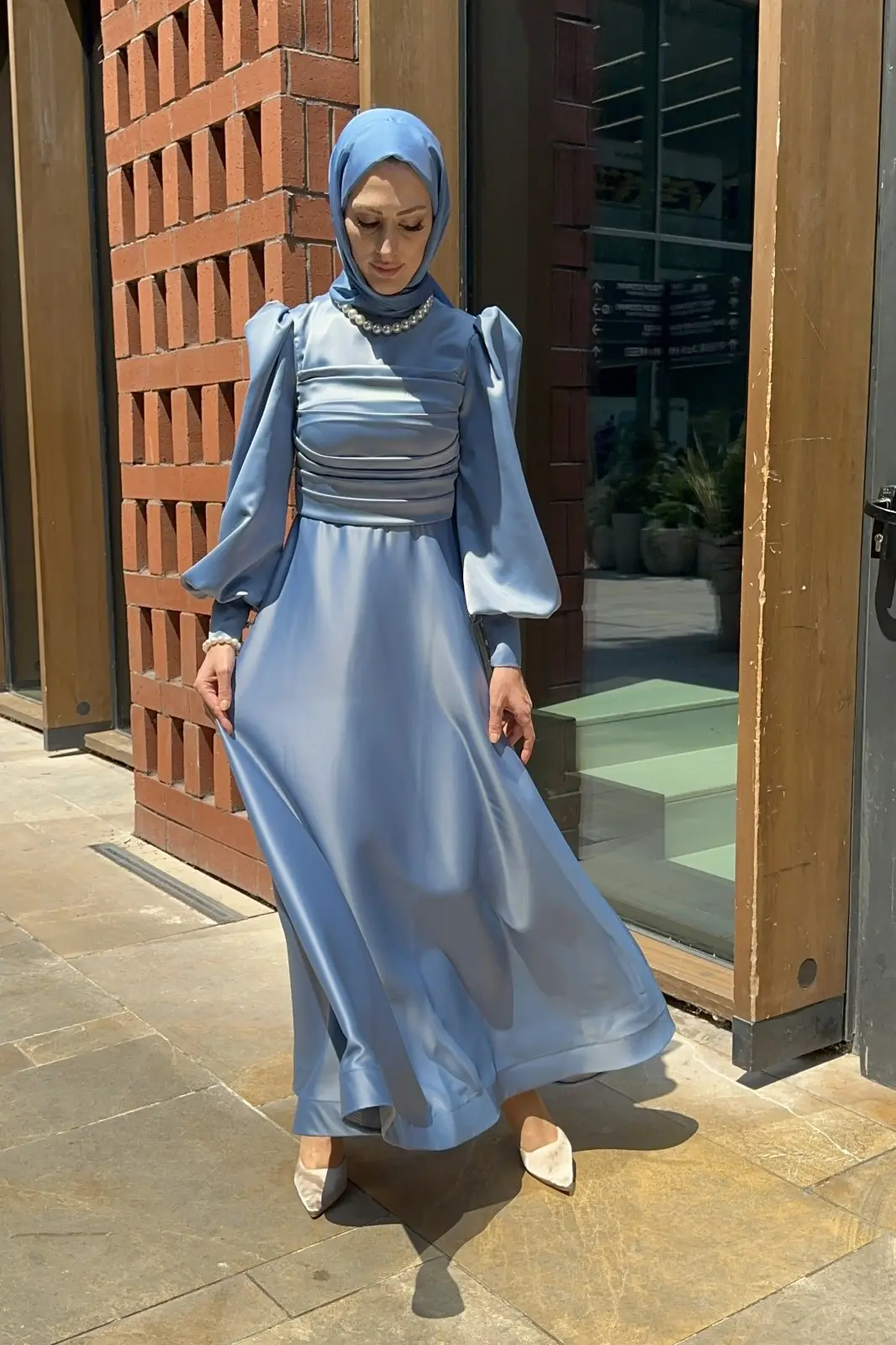 Sirius - Saten Drape Detaylı Abiye Elbise - Mavi