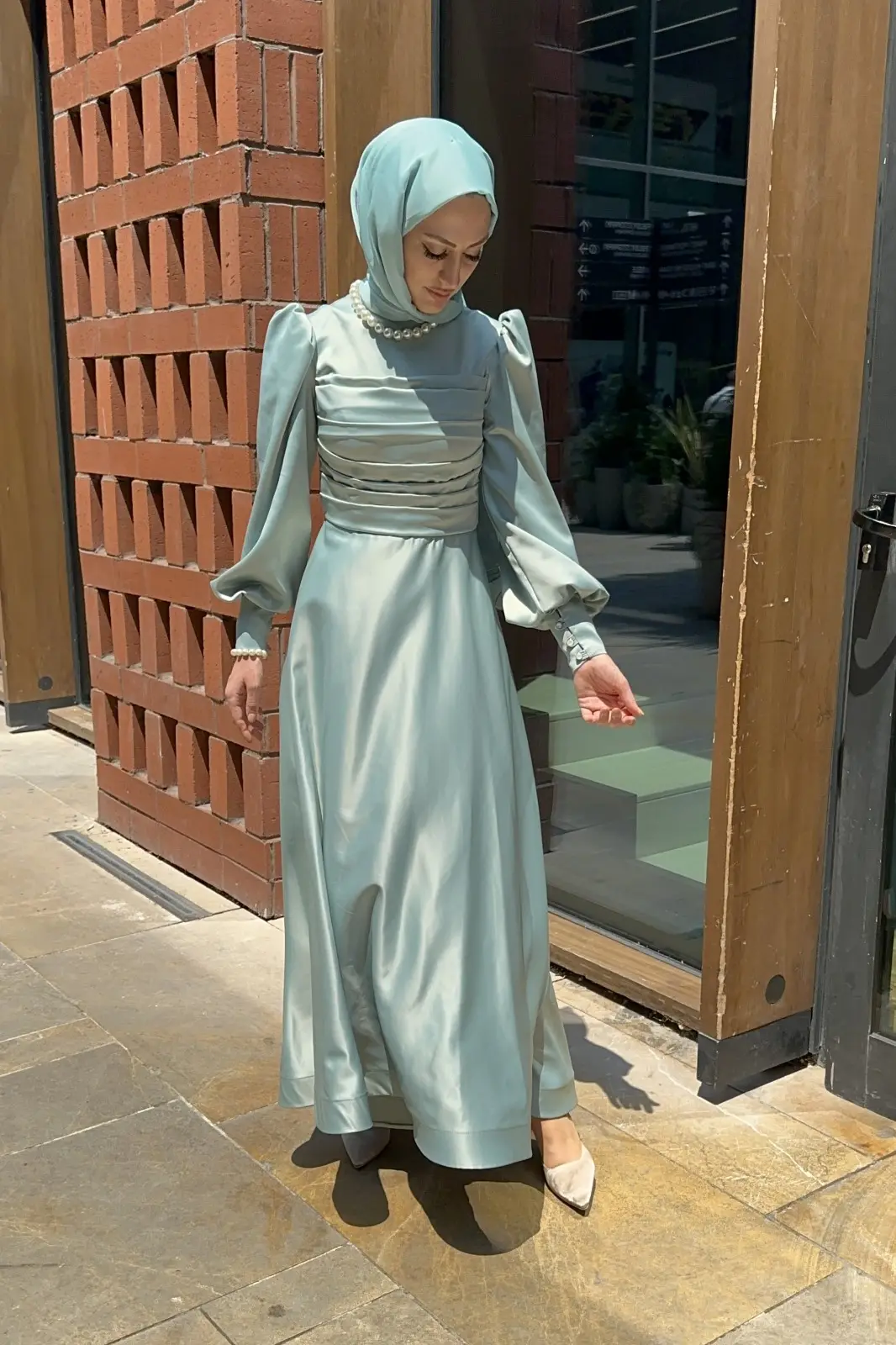 Sirius - Saten Drape Detaylı Abiye Elbise - Mint